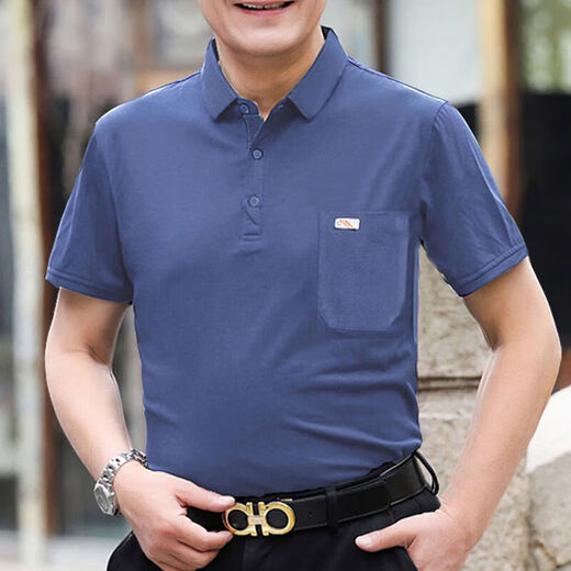 贝吉棋新疆棉夏季短袖t恤棉的男士宽松中老年人翻领带口袋爸爸装大红色 反(领)701藏青色 56#【165-200斤】