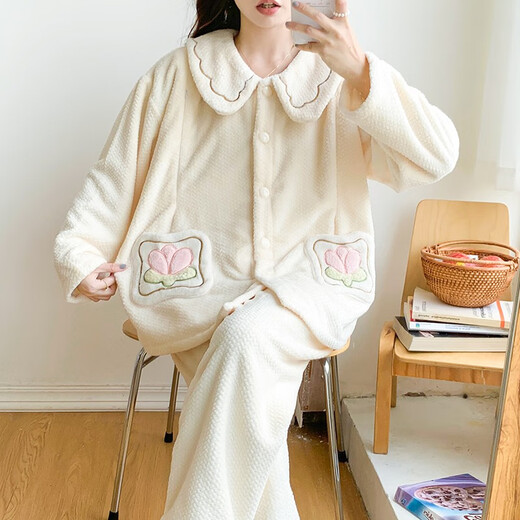 Revisitor Flanell-Begrenzungskleidung postpartale Pyjamas für Frauen im Frühjahr und Herbst und Winter, verdickter und warmes Stillen sowie Samtfütterung, Yxy Velvet 684# Brown Edge, Frauenmodell XL Code 130-150jin [Jin gleich 0,5 kg]