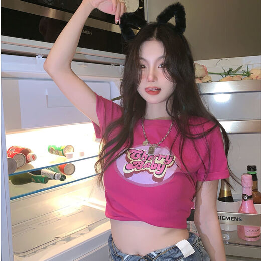 Commander Xiong Little Short T-shirt for Women Rose Red 2025 New Pure Lust Style Short Sleeve Waist Slim Fit Top Inside Black 9740 M