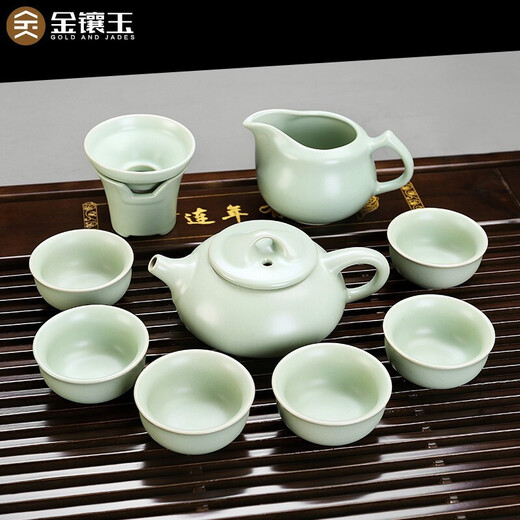 Gold inlaid jade Kung Fu tea set with tea tray, one-piece ceramic Ru kiln tea making machine, automatic water supply electric kettle, Lian Yu