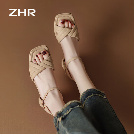 
ZHR Sandals for women in summer elegant one-length strap thick heels for women gentle solid color high heels for women Y683 apricot color 36