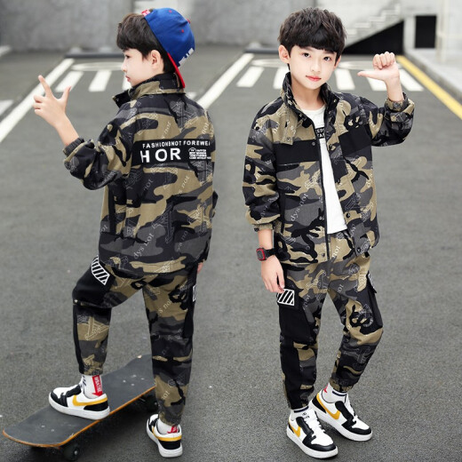 Xinkepai children's clothing boys' suit spring and autumn 2021 children's camouflage suit suit big children's long-sleeved military training suit two-piece army green 150 size recommended height 140CM