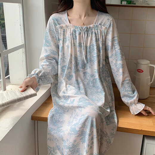 梦鸾带胸垫睡裙女款春秋季甜美长袖郁金香睡衣碎花宽松大码夏天家居服 1105 水墨花 M