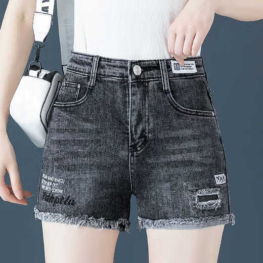 何生靓高腰牛仔短裤女2024夏季薄新款韩版宽松刺绣显瘦阔腿热裤 牛仔黑5008 29 建议107-116斤