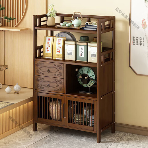 Jiaaihe solid wood small Bogu rack tea cabinet multi-functional tea set tea storage cabinet side cabinet small storage shelf four layers upgraded right drawer with door