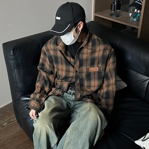 Homlean American retro plaid shirt men's spring and summer Hong Kong style loose casual long-sleeved shirt jacket HL09 coffee plaid 2XL