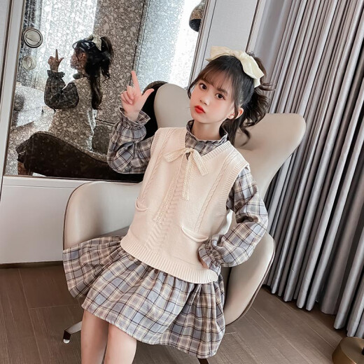 Marco Bear Children's Clothing Girls Suit Skirt Spring Style Plaid Tank Top Two-piece Suit Korean Style Children's Style Middle-aged Girls QY05222 Plaid 140 (Recommended Height 135cm)