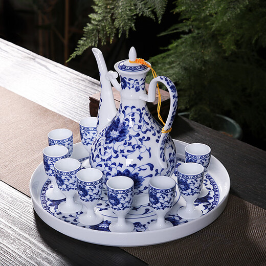 Xihe Yinyao Xihetang Jingdezhen Ceramic Wine Set Liquor Goblet Spirit Cup Blue and White Flask Set Wine Cup Moshanshui Style (1 Pot, 10 Cups, 1 Tray)