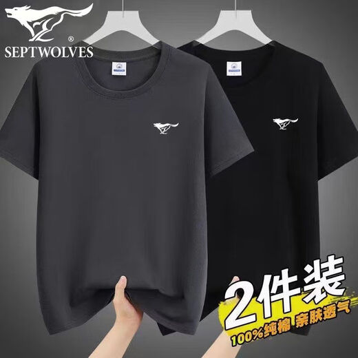 七匹狼（SEPTWOLVES）品牌100纯棉短袖T恤男士2025年新款夏季男装短袖T恤休闲宽松百搭 q01深灰+黑色2件装 均码  3xl160-175斤