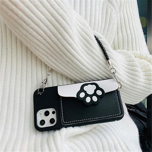 Collar, cat claw, Xiaomi cartoon coin wallet card bag, mobile phone case, camellia crossbody strap, cute women's backpack soft shell, black shell-black coal ball card bag + hand rope + crossbody lanyard, Redmi note10pro