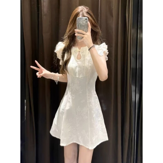 Suluolin (SULUOLIN) 2025 Frühling und Sommer neues Damen-Kurzarmkleid kleines schlankes chinesisches Cheongsam-Temperamentkleid Aprikosenkleid L 105-115Jin Jin entspricht 0,5 kg