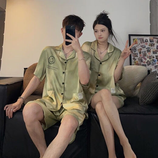 Clolv kissCK summer light luxury couple pajamas ice silk one male and one female student dormitory home clothes suit short-sleeved shorts CX418# gray letters high quality female M + male L 2 sets in total