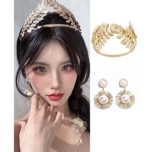 Xiangyuanchang adult gift for 18-year-old female jewelry crown Greek goddess hair accessory golden leaf crown headband forehead decoration retro golden six-leaf crown headband