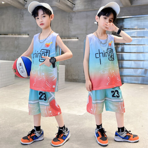 猴兄仔童装男童球服套装夏季新款儿童速干篮球服中大童时尚运动无袖背心短裤两件套男孩衣服3-15岁 蓝色 150(建议身高140CM左右)
