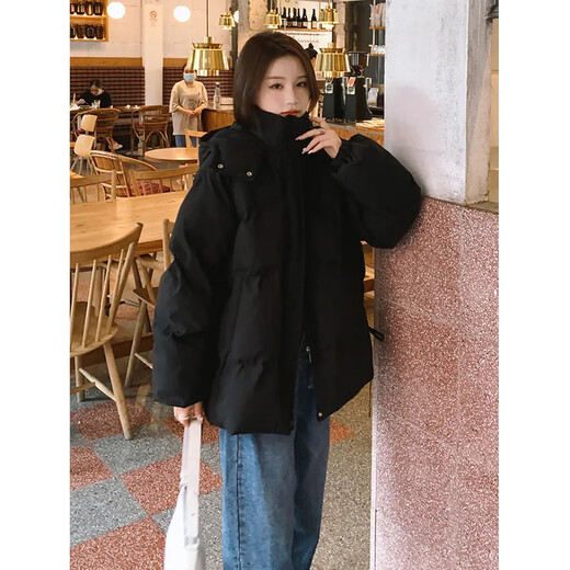 FeiLiFan down jacket for women 2025 winter new loose hooded bread jacket for women small short thickened cotton jacket black M (100-115Jin Jin equals 0.5kg)