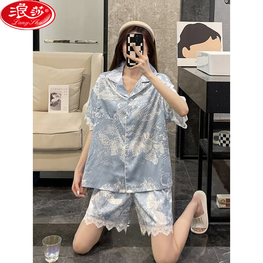 浪莎冰丝睡衣女士夏季三件套装短袖薄款大码冰丝夏天网红风天蓝家居服 LT-3887绿色-三件套 M