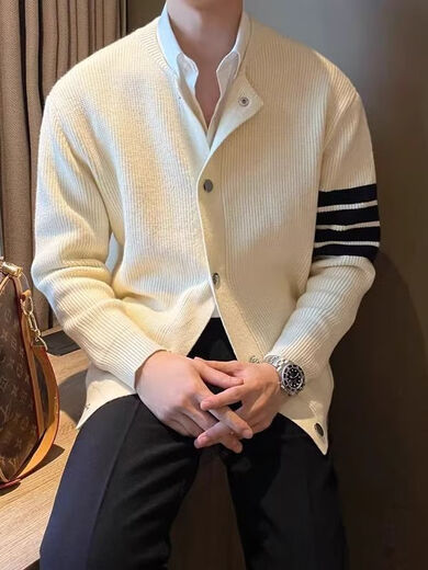 
TB BROWIN Tom TB four-bar knitted cardigan jacket men's autumn new sweater men's high-end American retro v-neck hair Navy blue stripes 2XL (140-155Jin [Jin equals 0.5 kg])