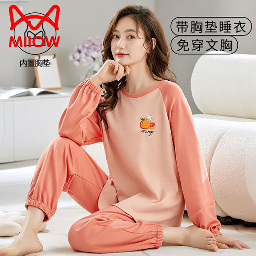 
Catman (MiiOW) pajamas for women in spring and autumn pure cotton can be worn on the outside cute cartoon loose long-sleeved home clothes with chest pads integrated set 1048 chest pads long sleeves Heng XL [110-125Jin [Jin equals 0.5 kg]]
