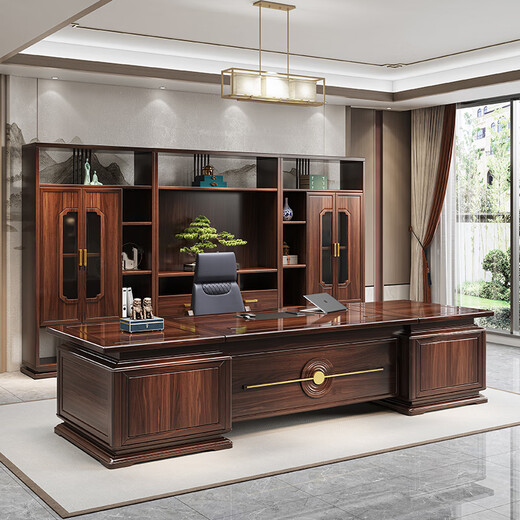 Three Furniture Black Gold Boss Desk Office Desk and Chair New Chinese Style Solid Wood President's Table Chairman's Office Executive Desk Furniture 3.6 Meter Boss Desk (Black Gold)
