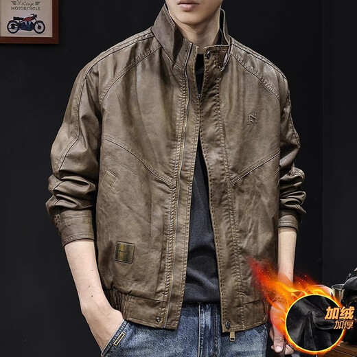 Lexin trendy high-end stand-collar motorcycle leather jacket for men in autumn and winter new men's velvet large size American retro trendy brand tops brown velvet thickened 3XL 180-200Jin Jin is equal to 0.5 kg