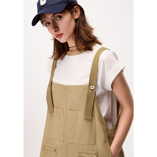 BASICHOUSE/Baijiahao age-reducing short-sleeved T-shirt work overalls suspender skirt 2024 summer dress two-piece set Khaki L