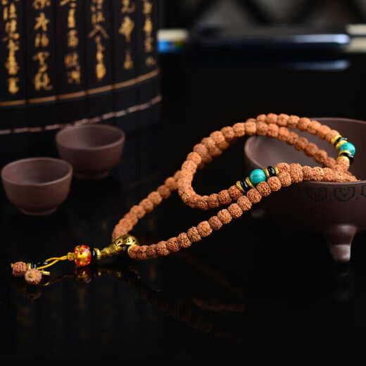 Shi Yue Jewelry 8mm Rudraksha Bracelet 108 Plate String Wenwan Buddha Rosary Bracelet Men's and Women's Wooden Bracelet Handle