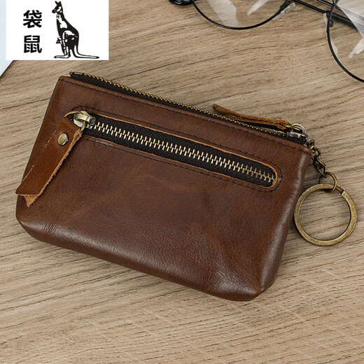 Kangaroo (KANGAROO) Men's Fashionable Casual Lightweight Crazy Horse Leather Retro Genuine Leather Belt Key Ring Coins Bag Key Coin Wallet 9202-Coffee Color