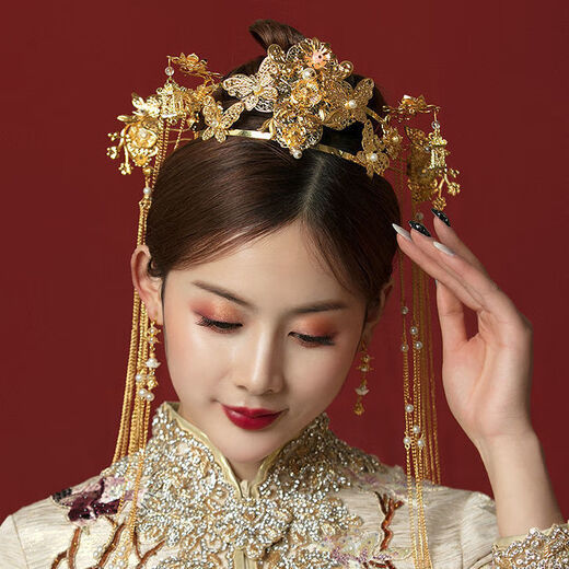 Lingchuan Xiuhe clothing headdress, elegant bridal phoenix crown, red step, long tassel, classical suit, wedding accessories, Xiuhe X-D33 phoenix crown ear clip with ear hook