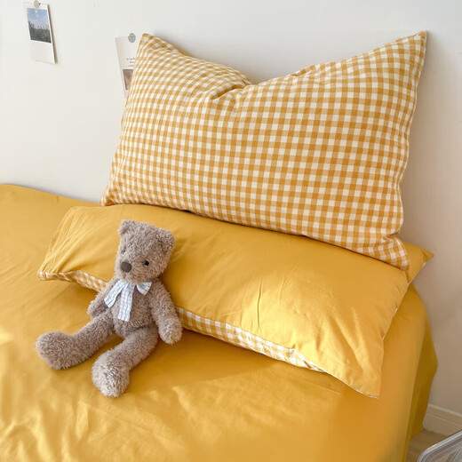 Nanjiren's three-piece bed set solid color plaid striped sheets and quilt covers single student dormitory double bed covers Pudding yellow [soft and comfortable, skin-friendly and breathable 1.8m sheet four-piece set (quilt cover 180*220cm