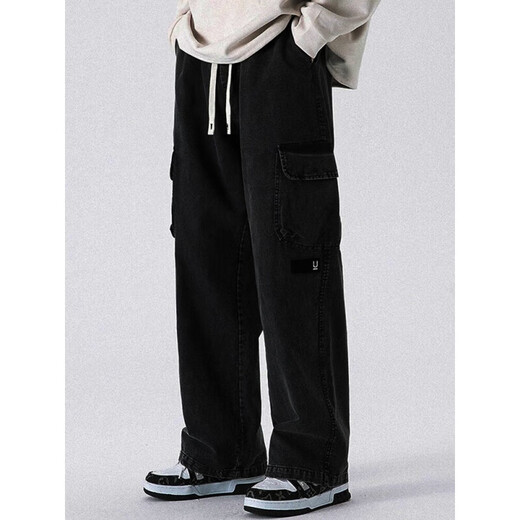 Bo Mingchen American high street overalls men's autumn and winter loose trendy straight wide leg Korean style sports casual thickened pants men's green L recommended 100-120Jin Jin equals 0.5 kg