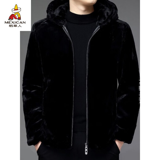 Scarecrow (MEXICAN) 2024 autumn and winter full mink Haining imitation fur coat men's short warm hooded plus velvet thickened men's mink coat black hooded gold mink velvet 6XL195-215Jin Jin is equal to 0.5 kg