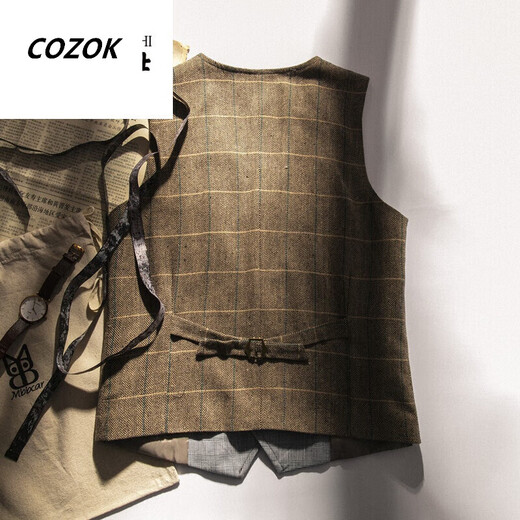 CINESSD秋冬款人字纹复古男士西装马甲粗花呢欧美咔叽英伦大码保暖背心潮 咖啡色格子 5XL