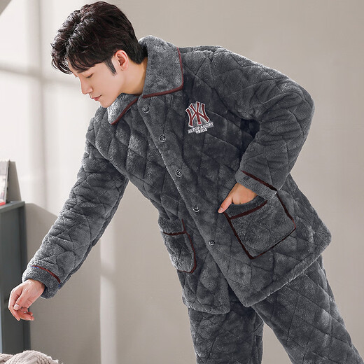 Modal men's pajamas winter coral velvet cotton three-layer thickened flannel spring and autumn warm home clothing set C9921# black gray men's plush L 100-125Jin [Jin equals 0.5 kg] three-layer thickened