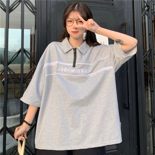 Zhai Enen Korean style t-shirt women's loose 2021 summer new short-sleeved clothes student lazy style POLO collar half-sleeved casual versatile top T-shirt gray L [recommended 106-125 Jin [Jin equals 0.5 kg]]