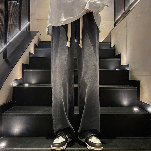 京峋牛仔裤男士春夏季美式潮牌直筒裤夏天男生复古宽松阔腿休闲长裤子 A62黑灰色【常规款】 2XL