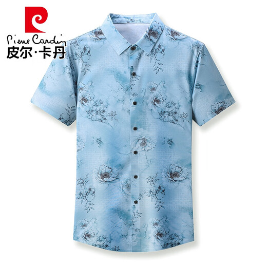 Pierre cardin high-end summer printed fashionable short-sleeved shirt for men, middle-aged and young casual mulberry silk wear trendy iron-free shirt DT6621 Khaki 165/M