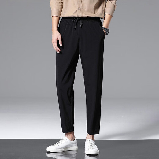 JEEP SPIRIT casual pants for men summer new ice silk trendy small feet cropped pants new loose sports quick-drying pants for men 718 black XL