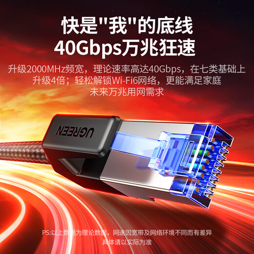 绿联八类纯铜网线 CAT8类万兆屏蔽网络连接线 游戏电竞8芯双绞线 家用电脑宽带成品跳线5米 80433