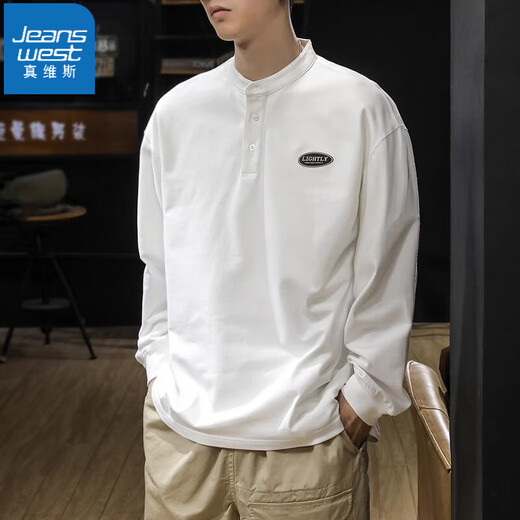 Jeanswest T-shirt men's autumn long-sleeved bottoming shirt simple business Henry collar spring and autumn loose men's casual top men white M suitable for 115-130Jin Jin equals 0.5 kg