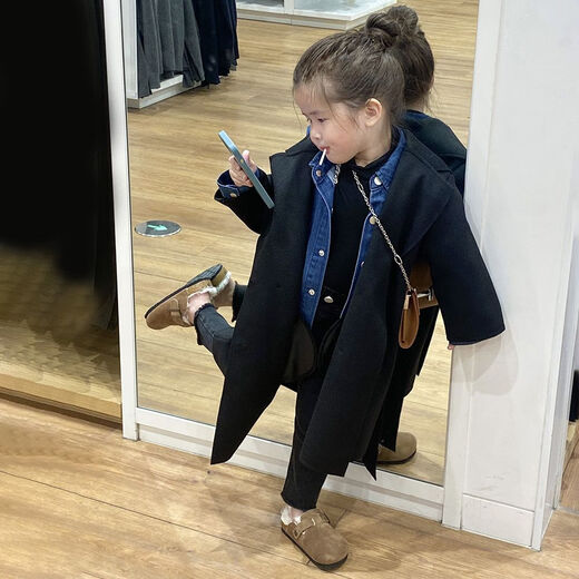 Детское шерстяное пальто средней длины Disney (Disney), осень и зима, модное шерстяное пальто для девочек в корейском стиле в западном стиле принцессы, модное черное шерстяное пальто 140 см