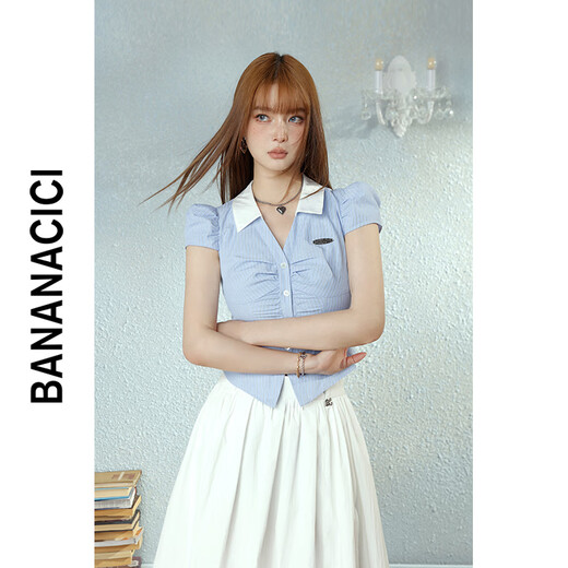 Banana cici 2024 Sommer Neues heißes Mädchen College-Style Kontrast gestreiftes Taille kurzärmelige Hemd Top C242CS684 Blauer Streifen L.