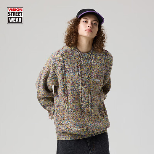 Vision Street Wear Oficial American Retro Mixing Jacquard Loose Round Neck Sweater Sweater para hombres y mujeres Beige M