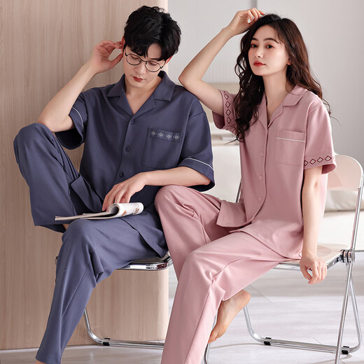 Victoria style couple pajamas for women summer pure cotton cardigan short-sleeved trousers one man and one woman couple suit casual home wear for women 6604 2XL