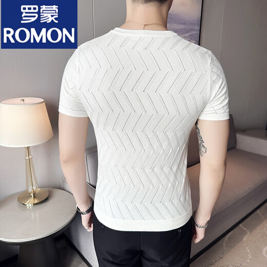 罗蒙（ROMON）夏季冰丝黑色男士高端短袖t恤男镂空针织圆领修身新款透气T恤薄款 9766粉色 (菱形格款) M