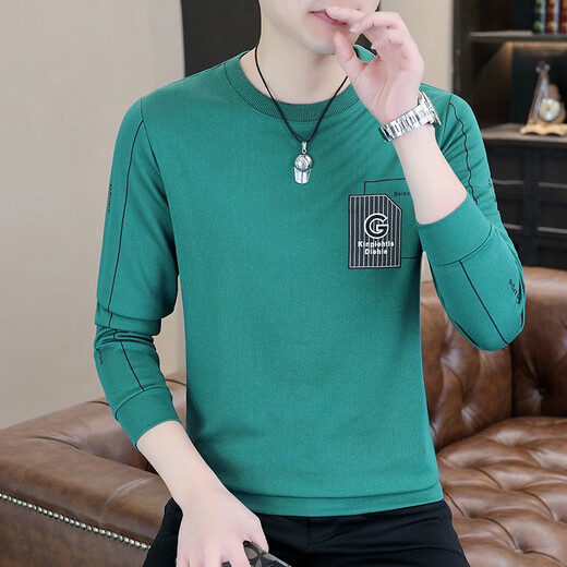 Edcofgivensi runder Nacken Langarm T-Shirt für Männer Frühling, Herbst und Winter Neues Sweatshirt für Männer Jugendmodet trendy Herren-Top-Basis-Shirt ohne Fleece 9901-Green Regular L Größe (105-125jin [Jin gleich 0,5 kg]))