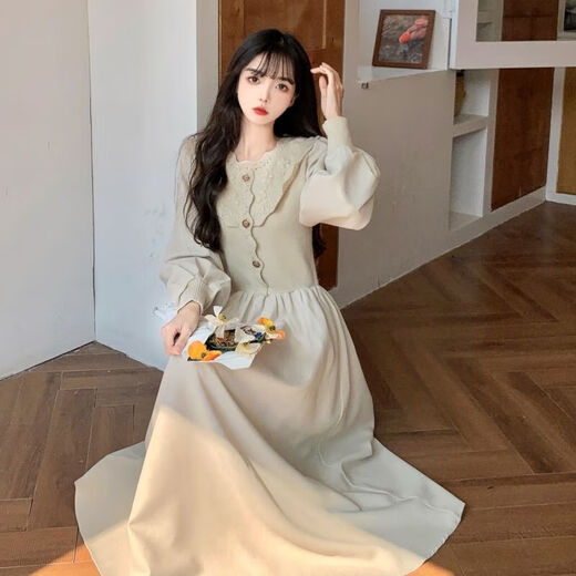 High school student adult dress women's winter 18-year-old graduation evening dress French gentle round neck knitted dress Apricot L Recommended 105-115 Jin Jin equals 0.5 kg