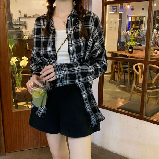 DALEY MODE复古格子衬衫女春秋宽松百搭防晒衬衣季小个子外搭薄款盐系外套 7036#黑色格 L