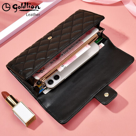 Goldlion long wallet for women 2025 new style cowhide clutch bag for girls with multiple card slots genuine leather light luxury ladies handbag high-end black FA021919-111