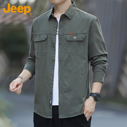 吉普（JEEP）衬衫男春秋季工装外套男士长袖衬衣宽松休闲衣服男装 军绿 2XL