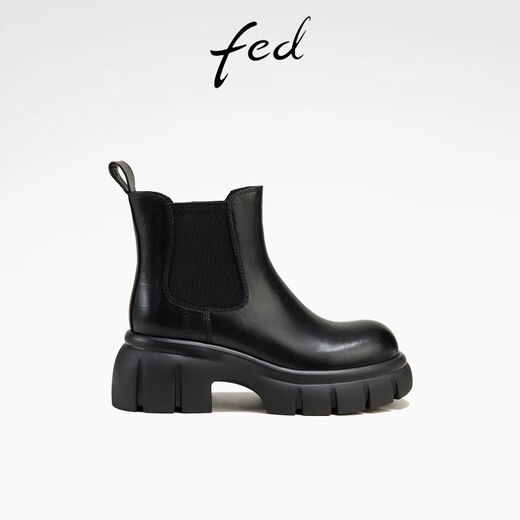 FED厚底烟筒靴冬季新款女靴牛皮切尔西靴加绒短靴女款D1105-ZC803 浅咖色 36